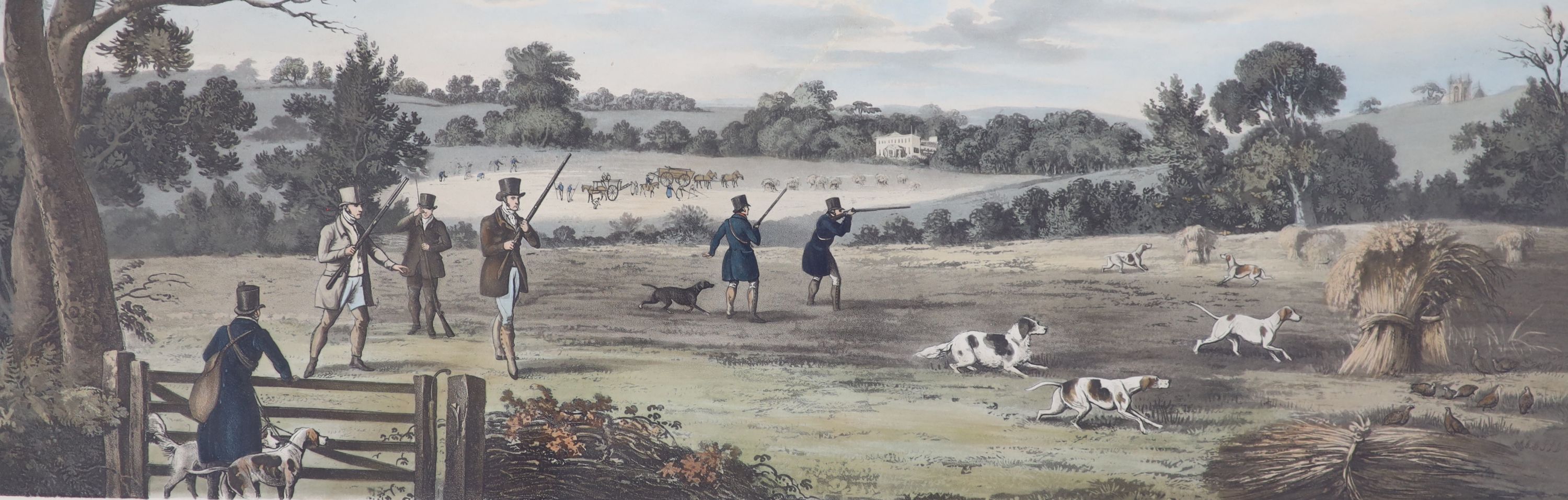 Ackermann publ., a set of four colour aquatints, Shooting scenes, 27 x 71cm